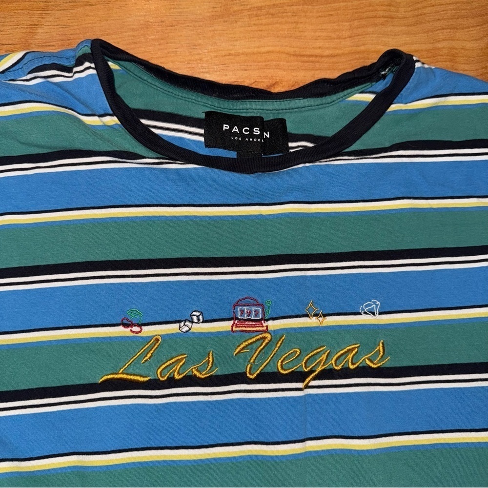 Rare Vintage Pacsun Las Vegas Embroidered Striped T Shirt Women’s Size XL - Picture 2 of 12